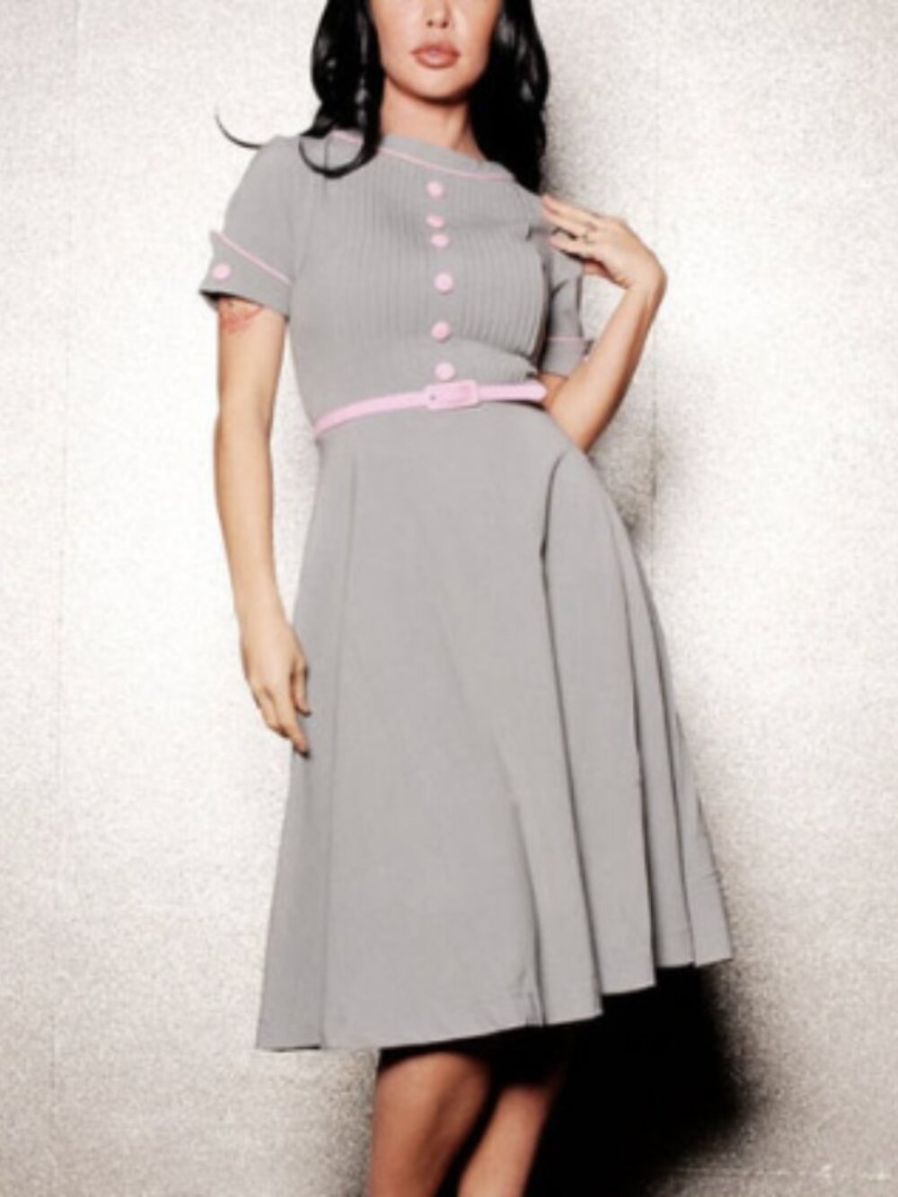 Bettie Page "Avondale" dress in grey with pink trim